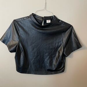Women’s Castro Black Faux Leather Crop Top Shirt Tee Size Medium